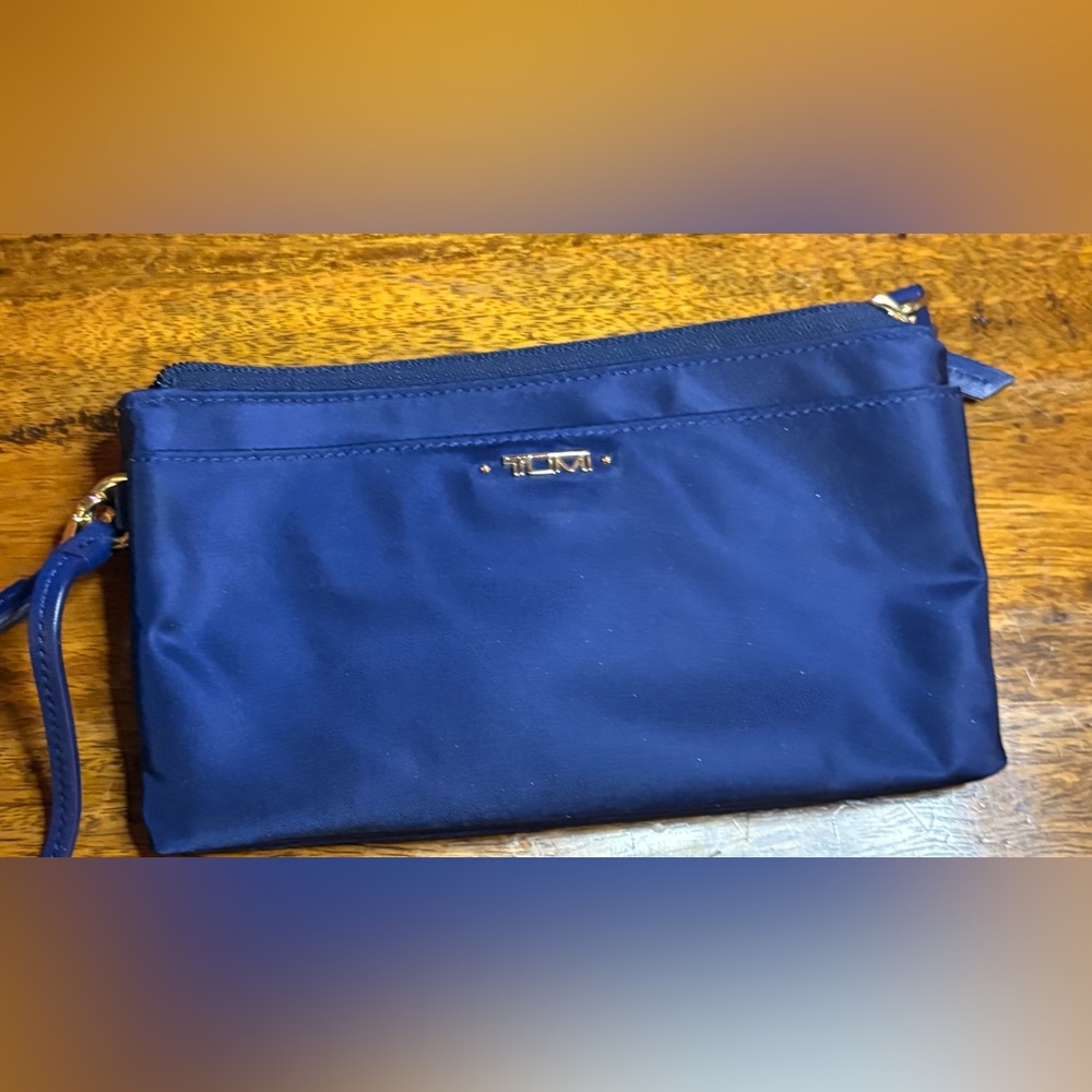 Tumi Voyageur Double-Zip Wristlet in blue nylon